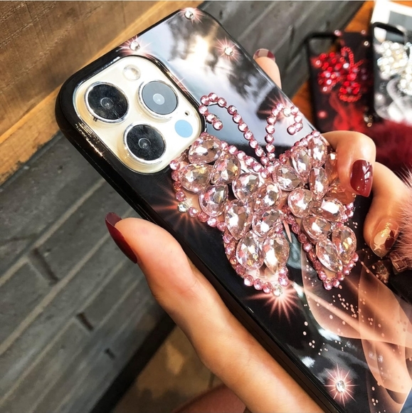 iPhone 13 ProMax Girly 3D Rhinestone Bling Butterfly & Fuzzy Ball Phone Case - Picture 4 of 6